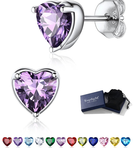 Silver Earrings for Women 925 Sterling Silver Heart Birthstone Stud Earrings Birthday Jewelry Gift